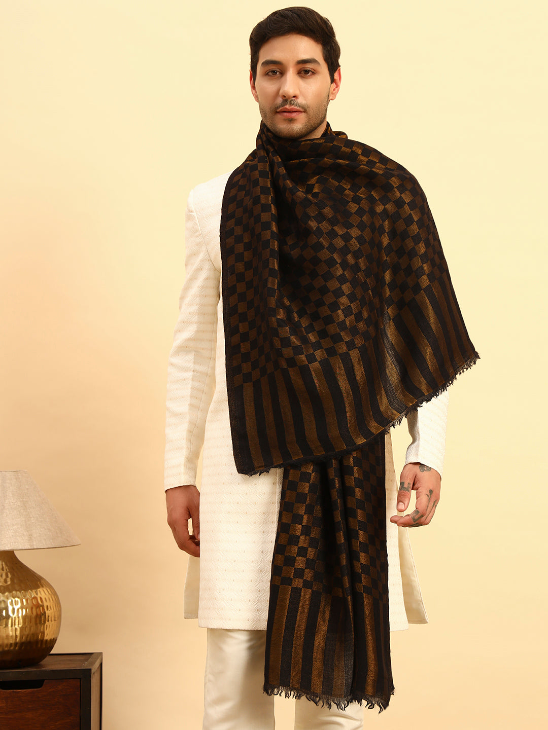 Pashmoda Men Champagne Check Reversible Zari Moonlight Fine Wool Stole (Size: 71x203 Cm)