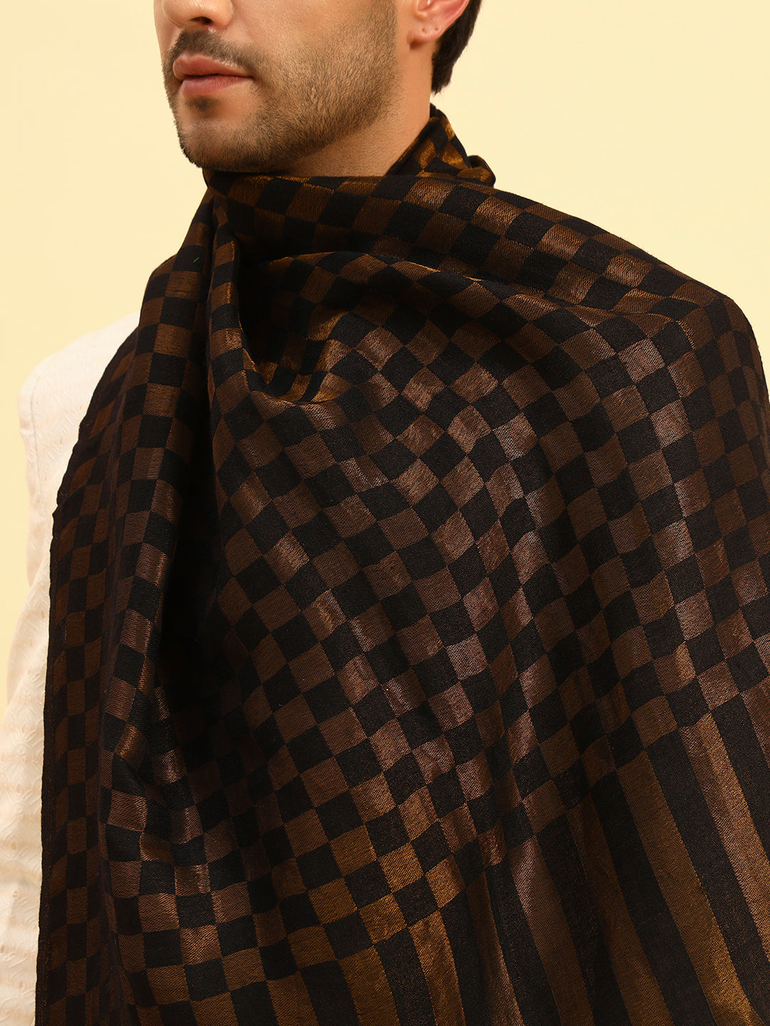 Pashmoda Men Champagne Check Reversible Zari Moonlight Fine Wool Stole (Size: 71x203 Cm)