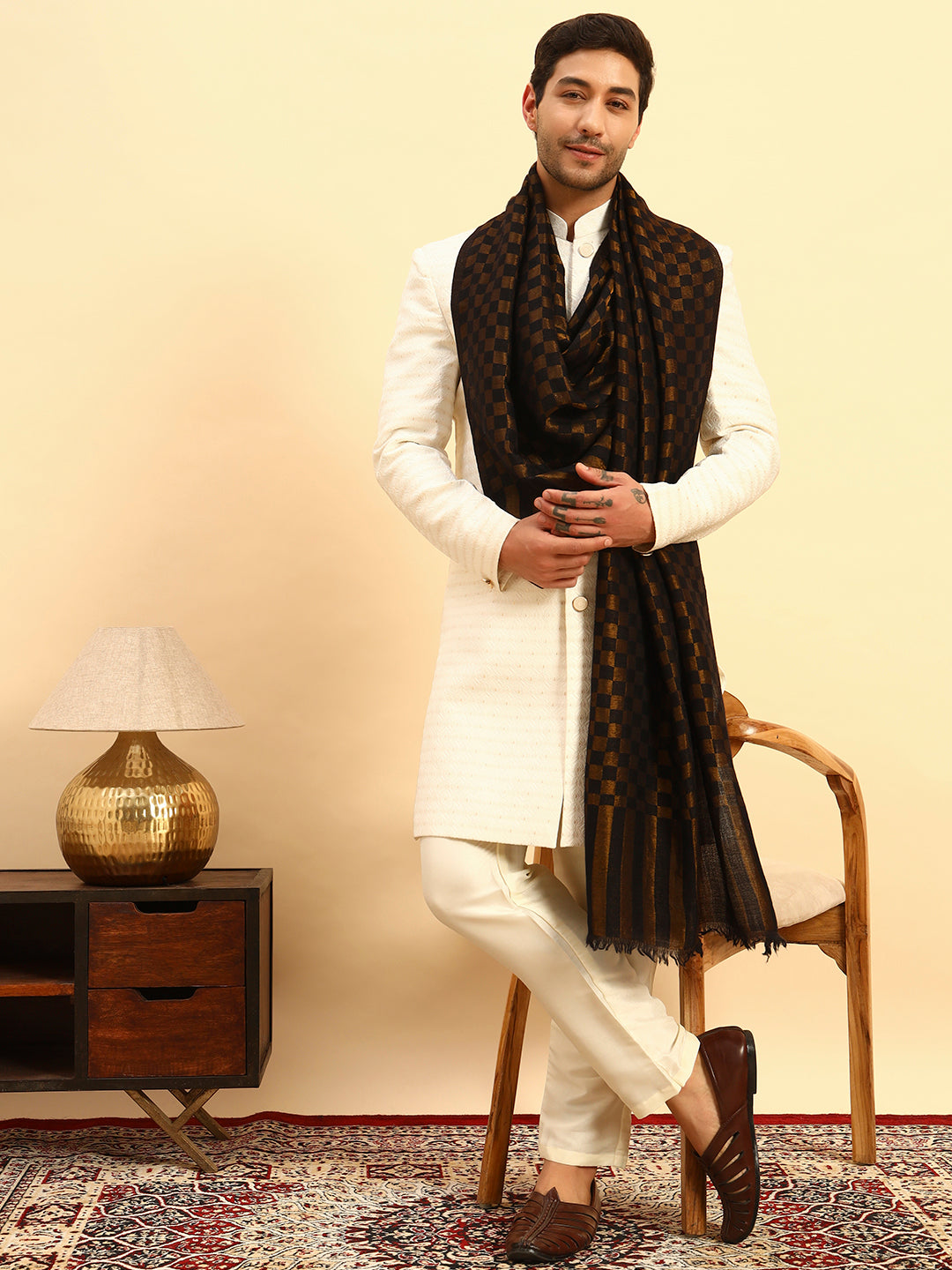 Pashmoda Men Champagne Check Reversible Zari Moonlight Fine Wool Stole (Size: 71x203 Cm)