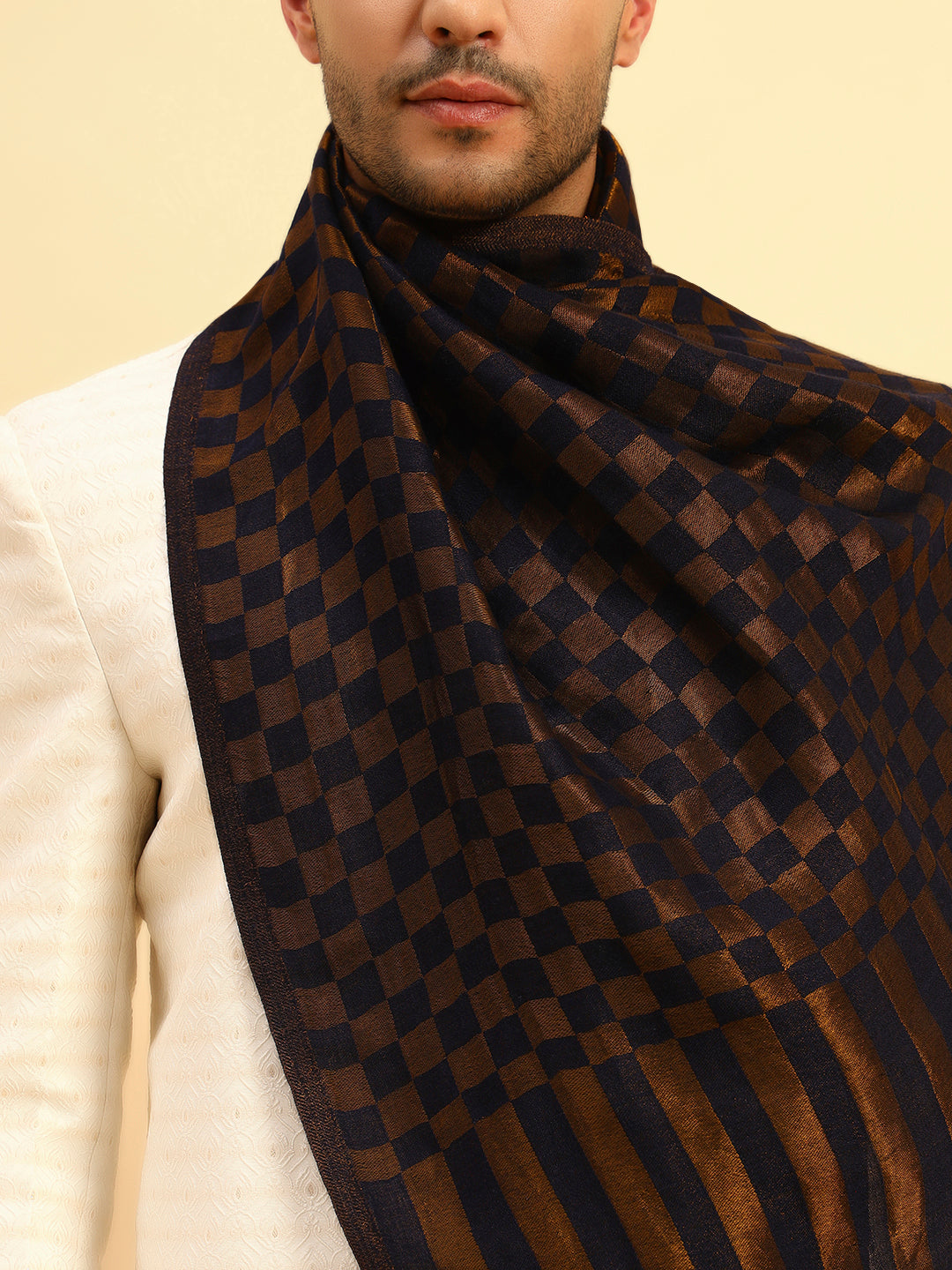 Pashmoda Men Champagne Check Reversible Zari Moonlight Fine Wool Stole (Size: 71x203 Cm)