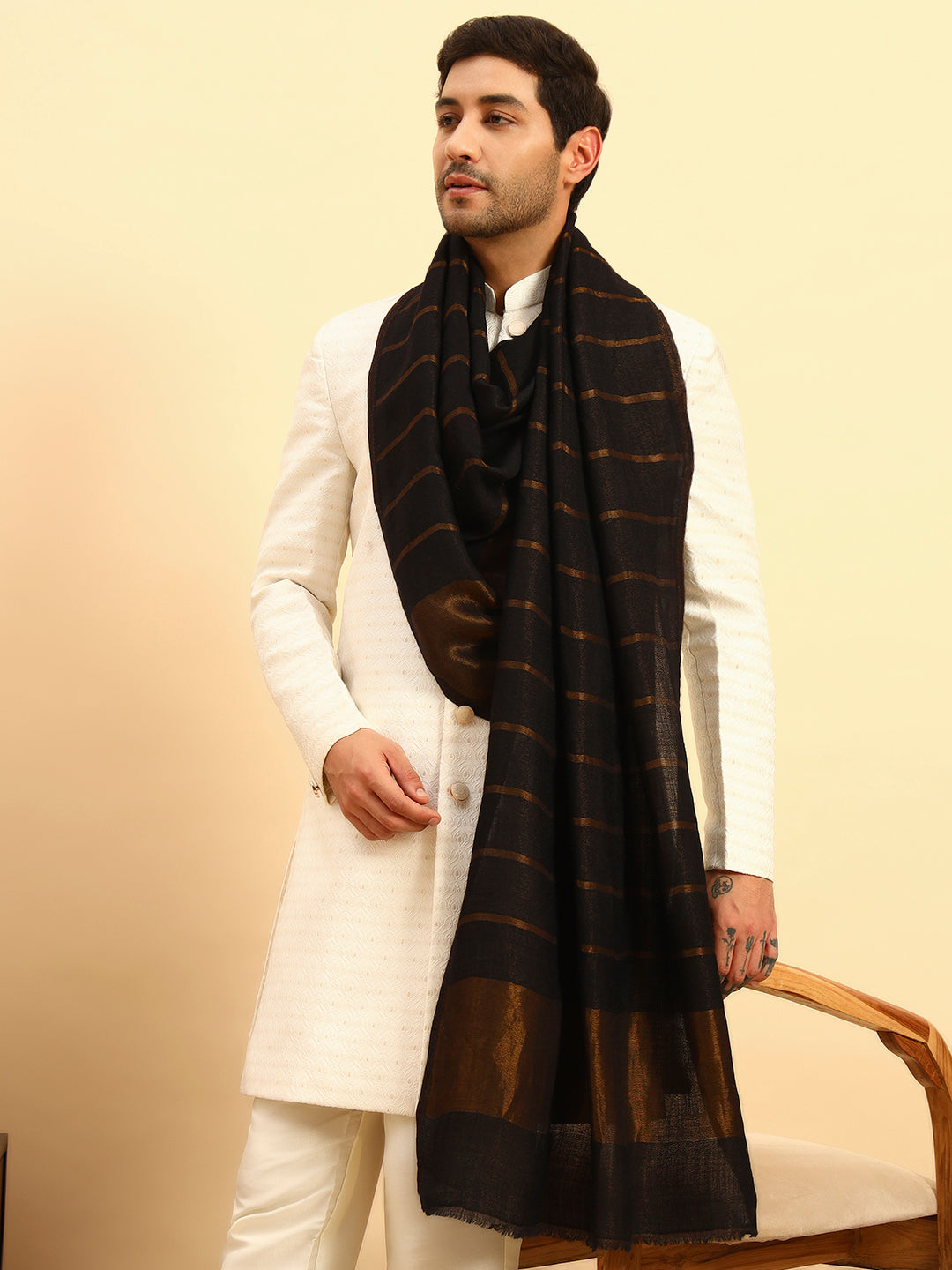 Pashmoda Men Parallel Grace Reversible Zari Moonlight Fine Wool Stole (Size: 71x203 Cm)