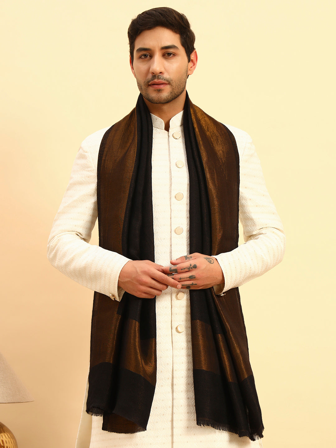 Pashmoda Men Midnight Bronze Reversible Zari Moonlight Fine Wool Stole (Size: 71x203 Cm)