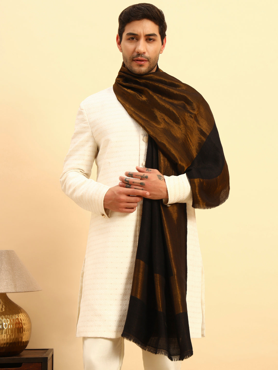 Pashmoda Men Midnight Bronze Reversible Zari Moonlight Fine Wool Stole (Size: 71x203 Cm)