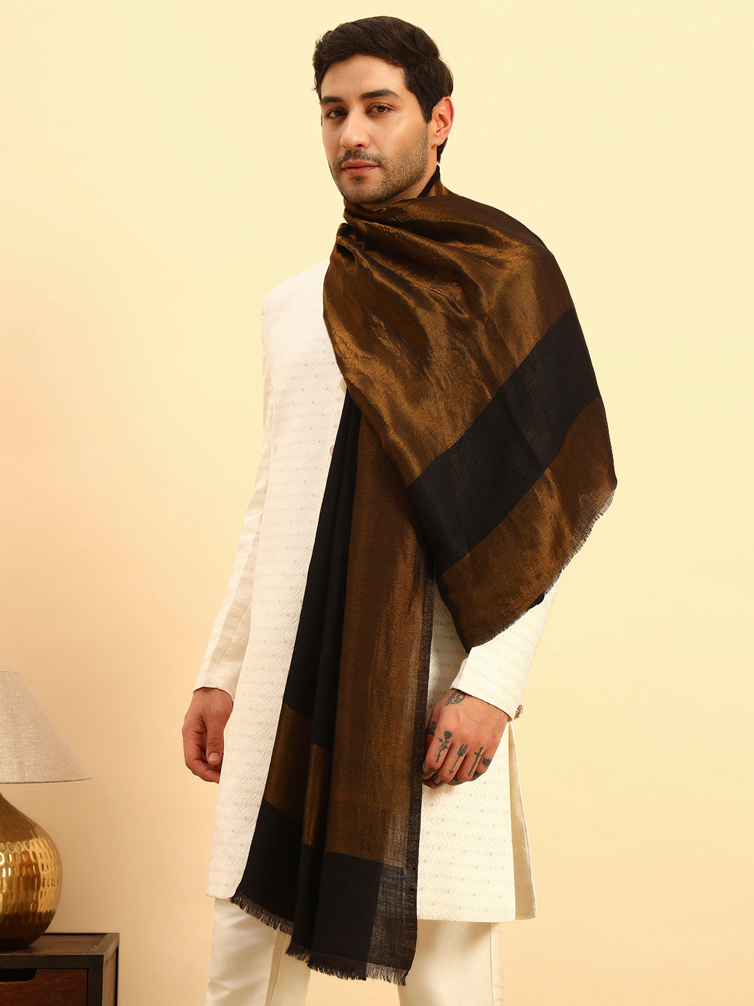 Pashmoda Men Midnight Bronze Reversible Zari Moonlight Fine Wool Stole (Size: 71x203 Cm)