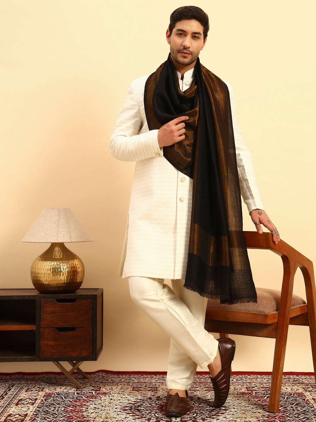 Pashmoda Men Midnight Bronze Reversible Zari Moonlight Fine Wool Stole (Size: 71x203 Cm)