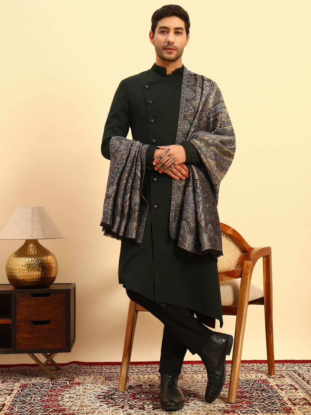 Pashmoda Men Naazneen Kaani Wool Blend Kashmiri Shawl (Size: 101X203 CM)