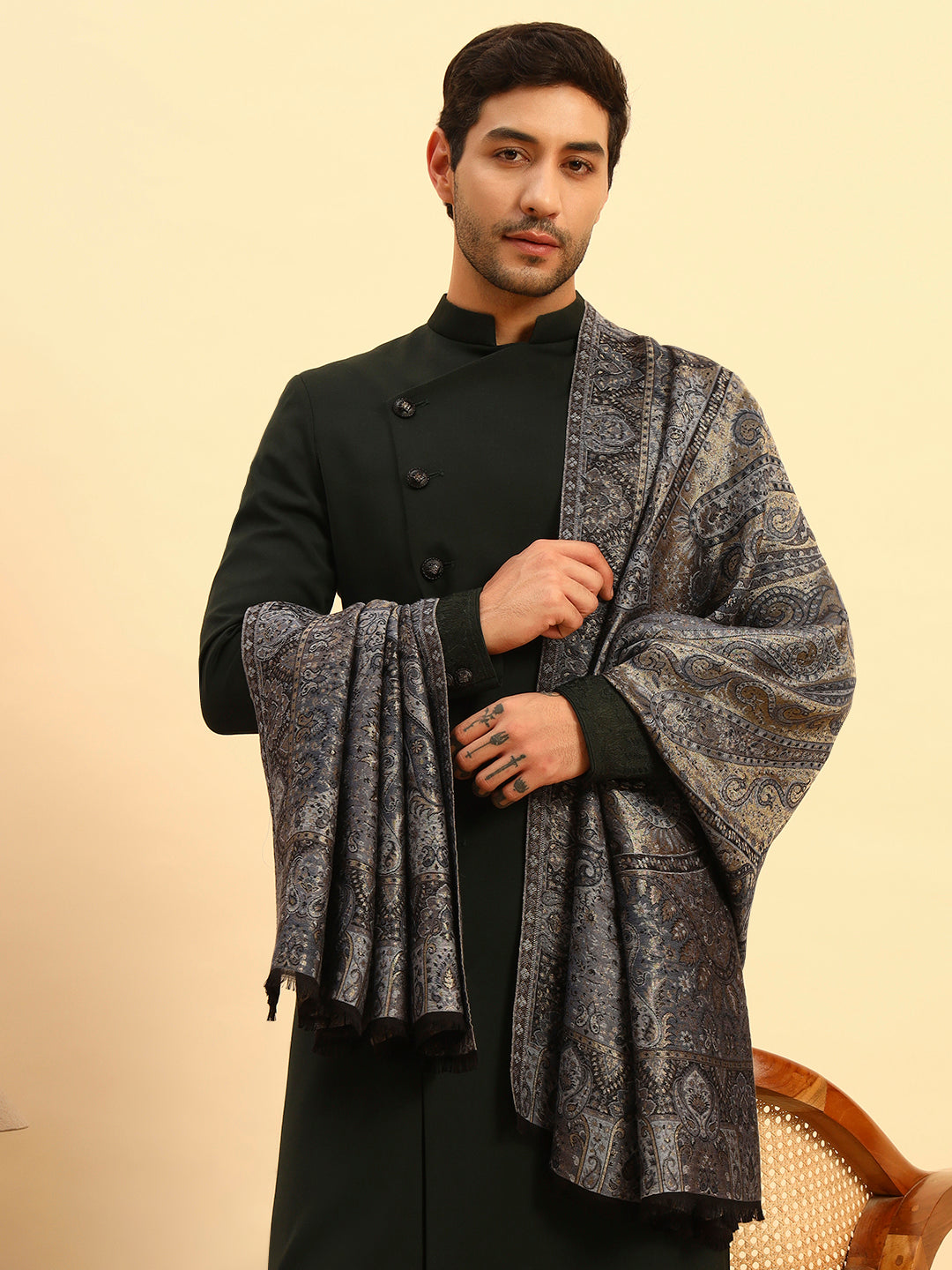 Pashmoda Men Naazneen Kaani Wool Blend Kashmiri Shawl (Size: 101X203 CM)