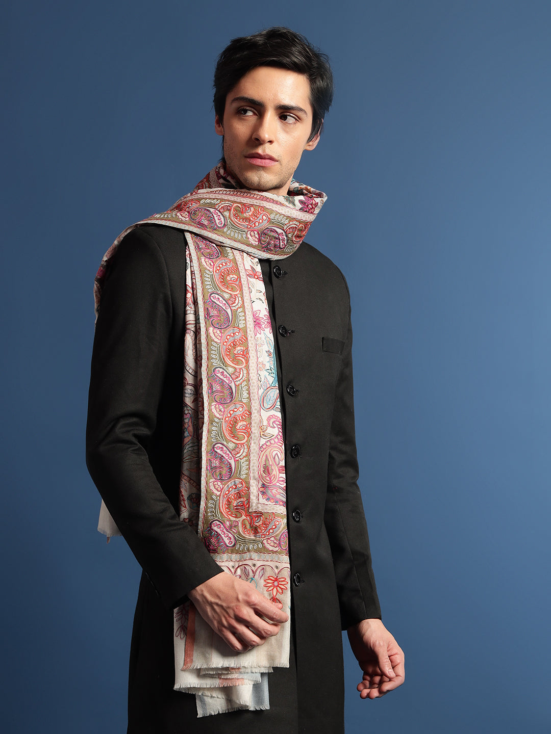 Pashmoda Men Fine Wool Kalamkari Embroidered Shawl (Size 101x203 Cm)