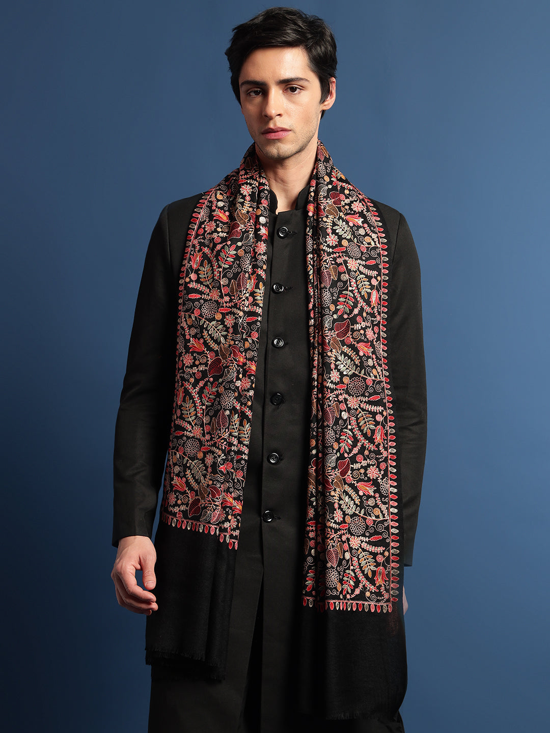 Pashmoda Men 100% Pure Wool Fabric Sozni Embroidered Shawl (Size: 101x203 Cm)