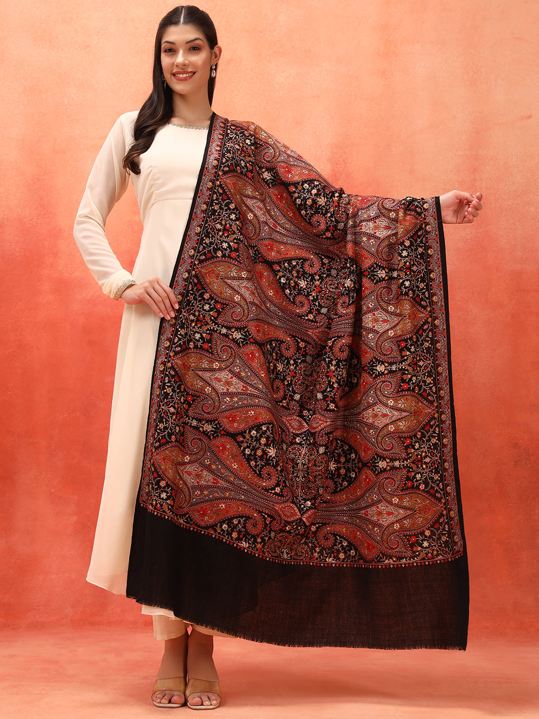 Pashmoda Women Mahnoor 100% Pure Wool Sozni Hand Embroidered Shawl (Size: 101x203 Cm)