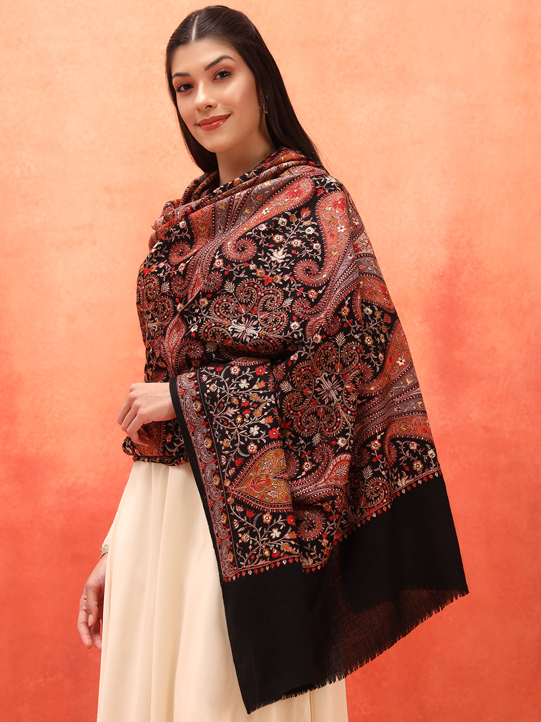 Pashmoda Women Mahnoor 100% Pure Wool Sozni Hand Embroidered Shawl (Size: 101x203 Cm)