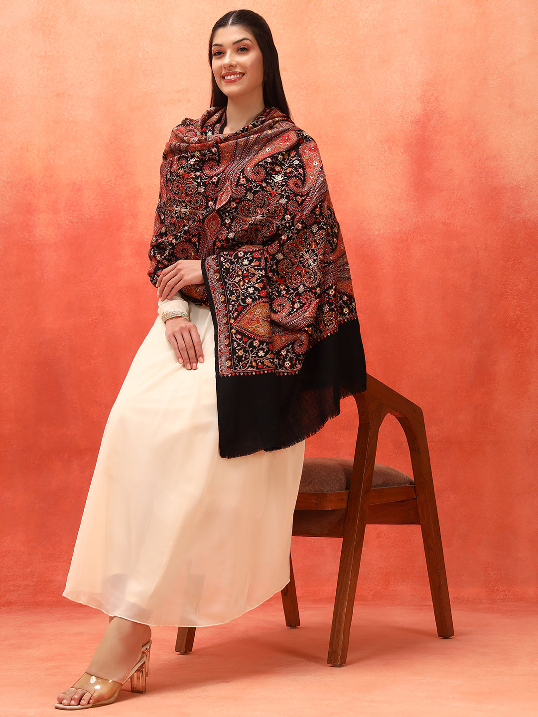 Pashmoda Women Mahnoor 100% Pure Wool Sozni Hand Embroidered Shawl (Size: 101x203 Cm)