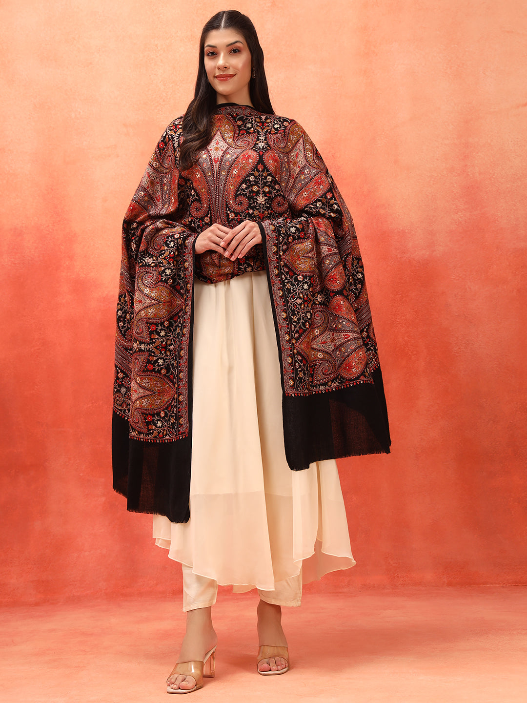 Pashmoda Women Mahnoor 100% Pure Wool Sozni Hand Embroidered Shawl (Size: 101x203 Cm)