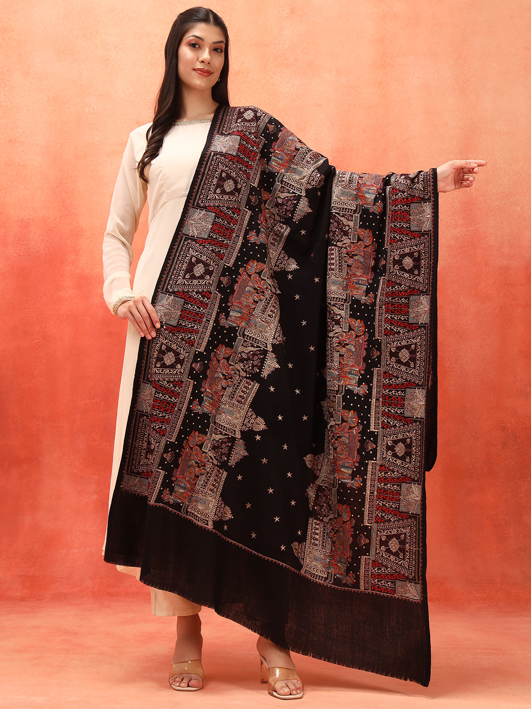 Pashmoda Women Zavian 100% Pure Wool Sozni Hand Embroidered Shawl (Size: 101x203 Cm)