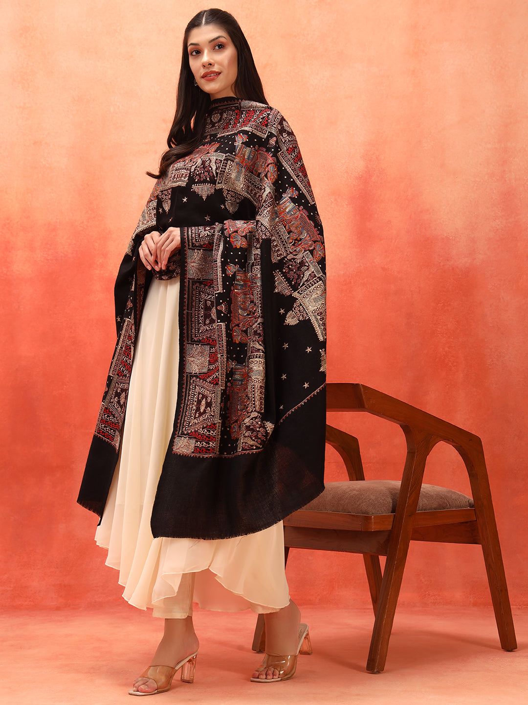 Pashmoda Women Zavian 100% Pure Wool Sozni Hand Embroidered Shawl (Size: 101x203 Cm)