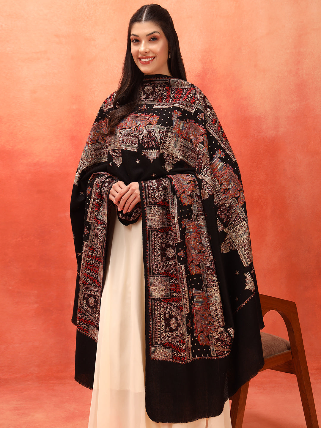 Pashmoda Women Zavian 100% Pure Wool Sozni Hand Embroidered Shawl (Size: 101x203 Cm)