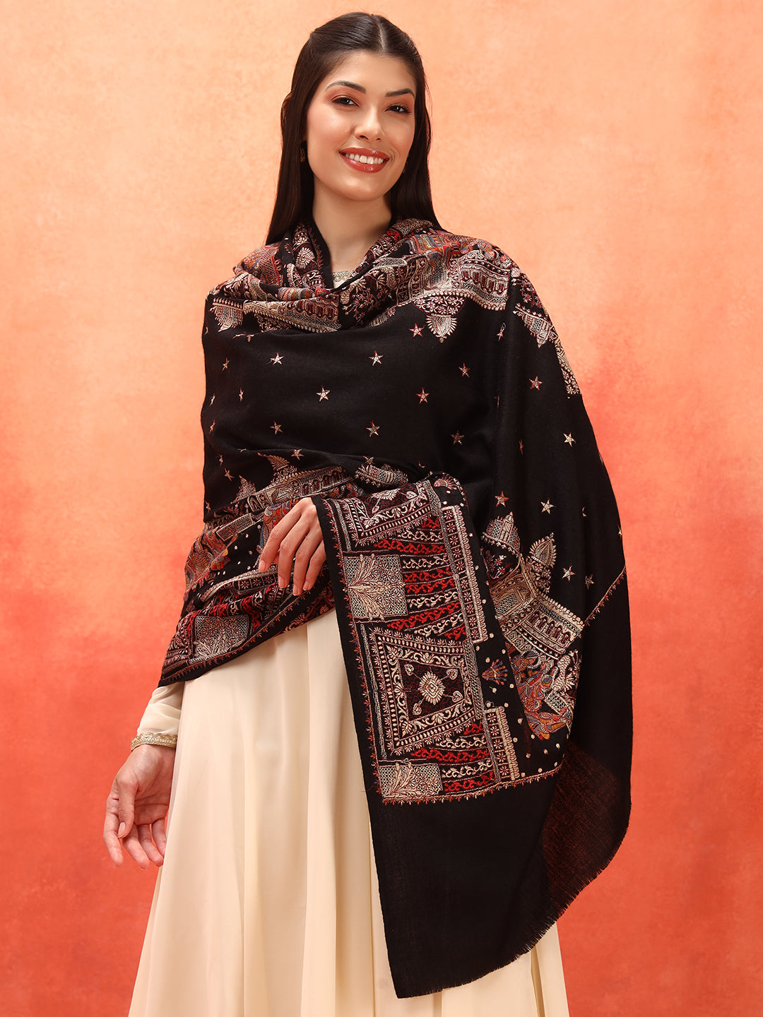 Pashmoda Women Zavian 100% Pure Wool Sozni Hand Embroidered Shawl (Size: 101x203 Cm)