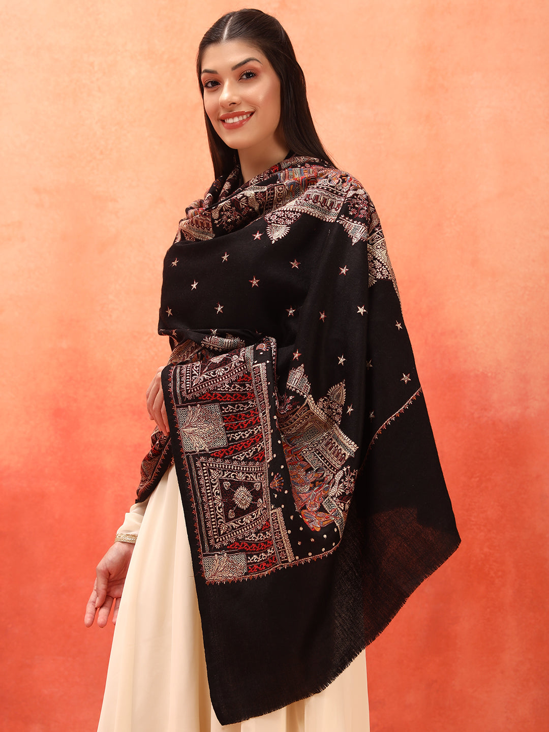 Pashmoda Women Zavian 100% Pure Wool Sozni Hand Embroidered Shawl (Size: 101x203 Cm)