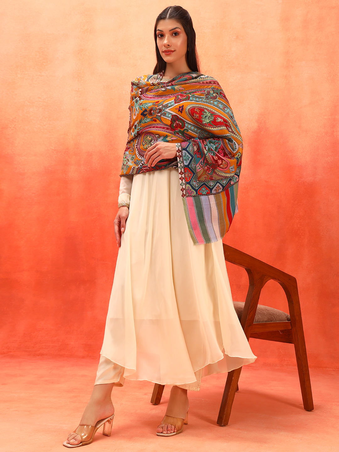 Pashmoda Women Rangdil 100% Pure Wool Fabric Kalamkari Embroidered Stole (Size-28x80in, 71x203cm)