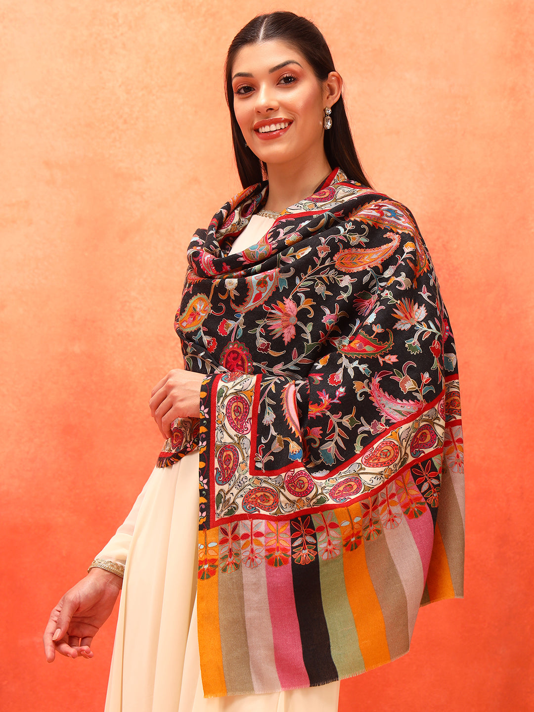 Pashmoda Women Floral Whispers 100% Pure Wool Fabric Kalamkari Embroidered Stole (Size: 71x203 cm)