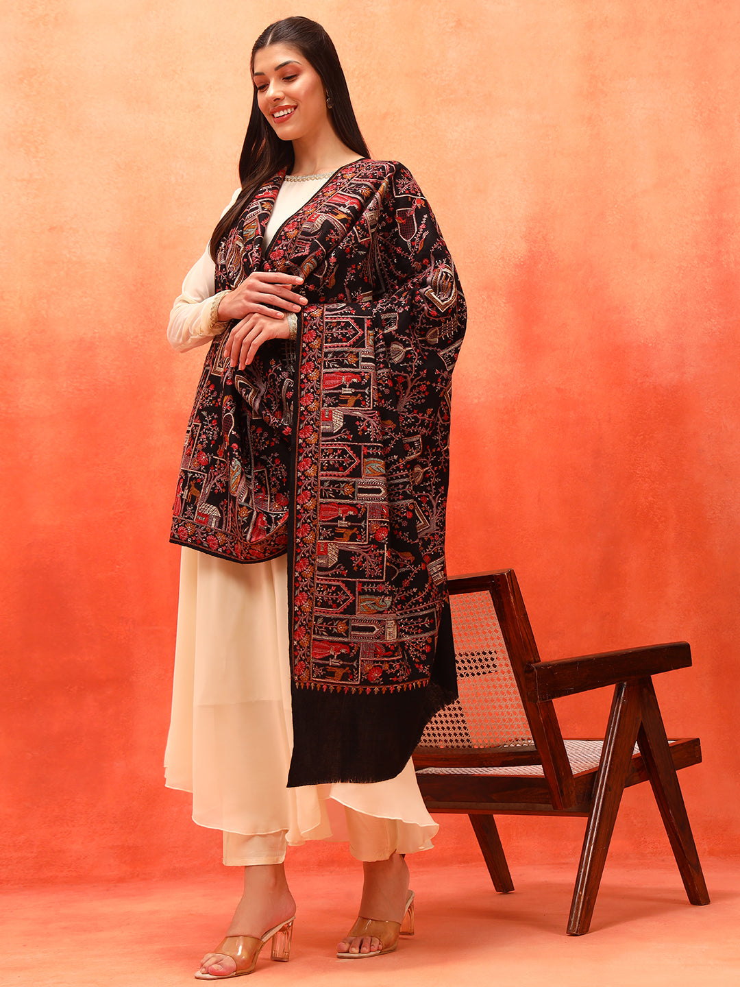 Pashmoda Women Arwina 100% Pure Wool Sozni Hand Embroidered Shawl (Size: 101x203 CM)