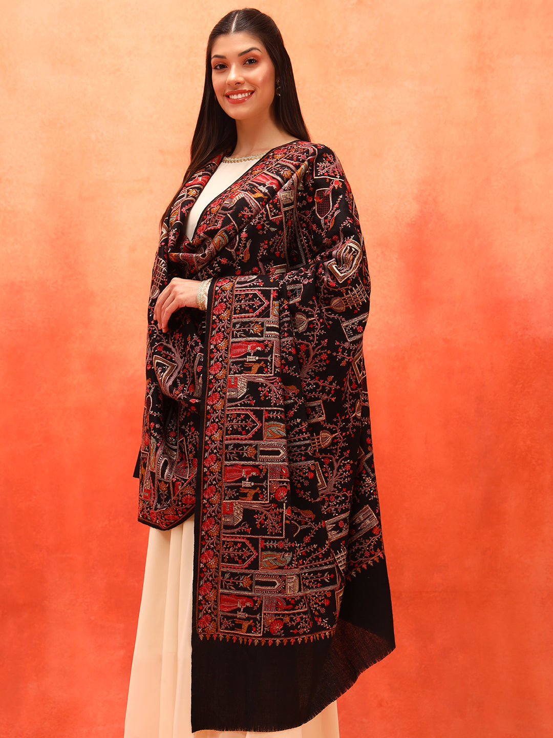 Pashmoda Women Arwina 100% Pure Wool Sozni Hand Embroidered Shawl (Size: 101x203 CM)