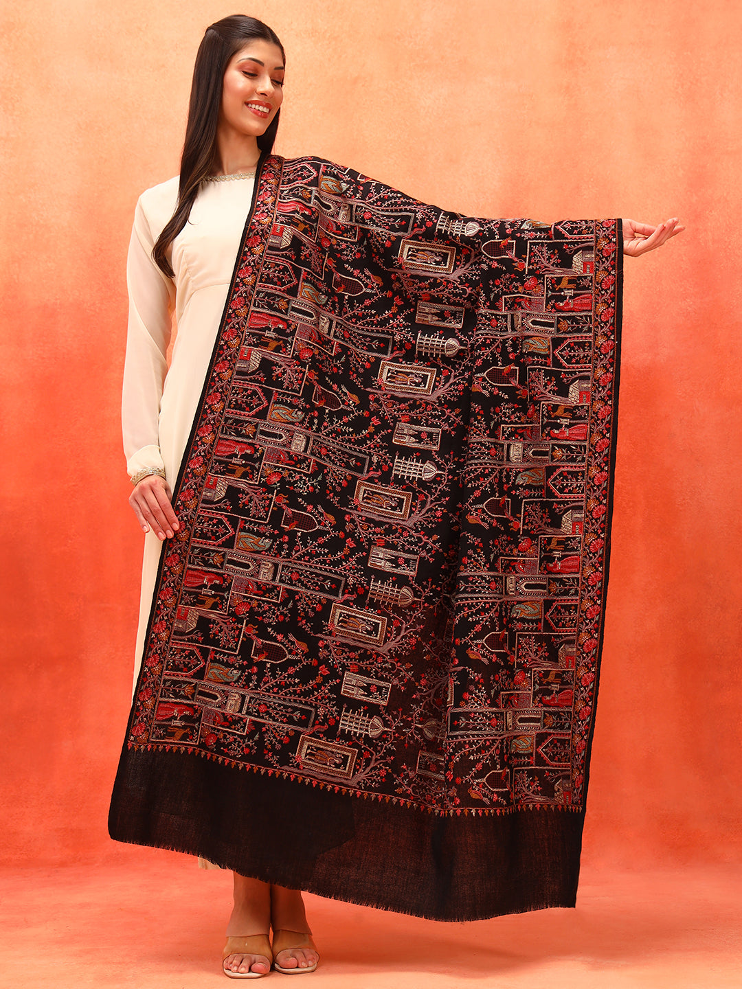 Pashmoda Women Arwina 100% Pure Wool Sozni Hand Embroidered Shawl (Size: 101x203 CM)