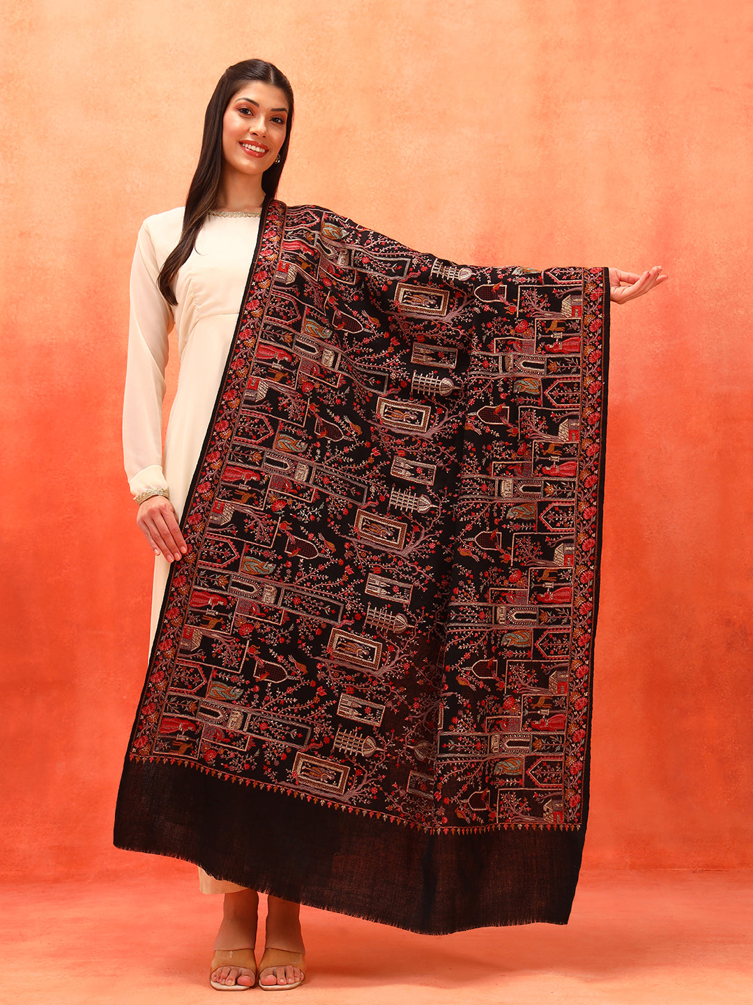 Pashmoda Women Arwina 100% Pure Wool Sozni Hand Embroidered Shawl (Size: 101x203 CM)