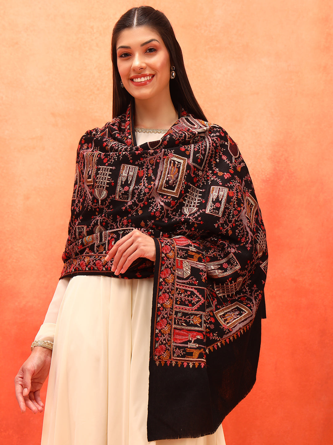 Pashmoda Women Arwina 100% Pure Wool Sozni Hand Embroidered Shawl (Size: 101x203 CM)