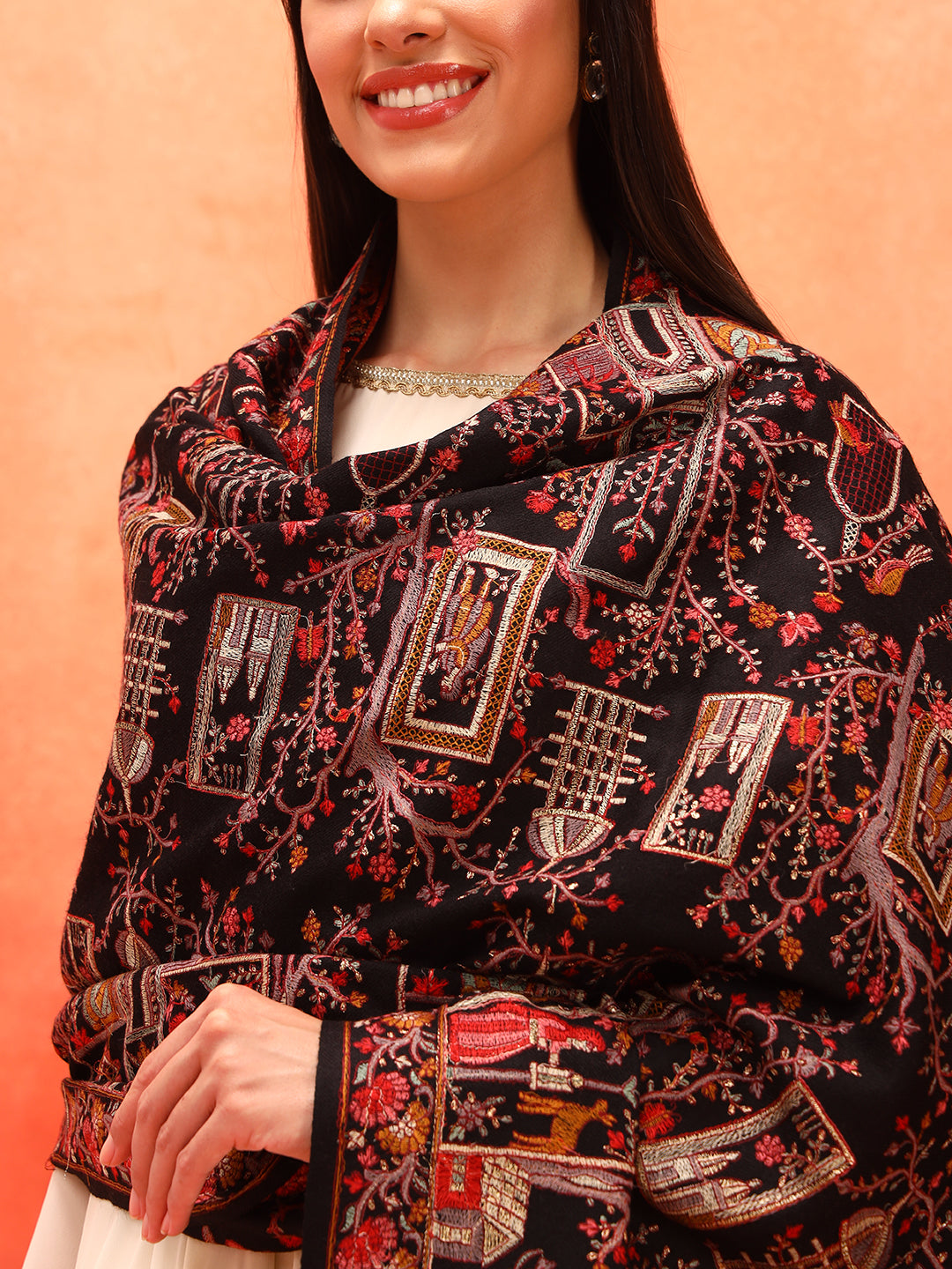 Pashmoda Women Arwina 100% Pure Wool Sozni Hand Embroidered Shawl (Size: 101x203 CM)