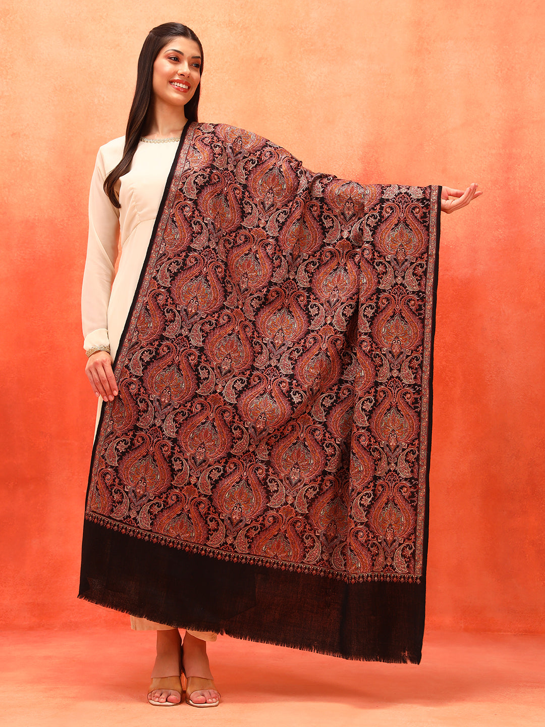 Pashmoda Women Rehnan 100% Pure Wool Sozni Hand Embroidered Shawl (Size: 101x203 Cm)