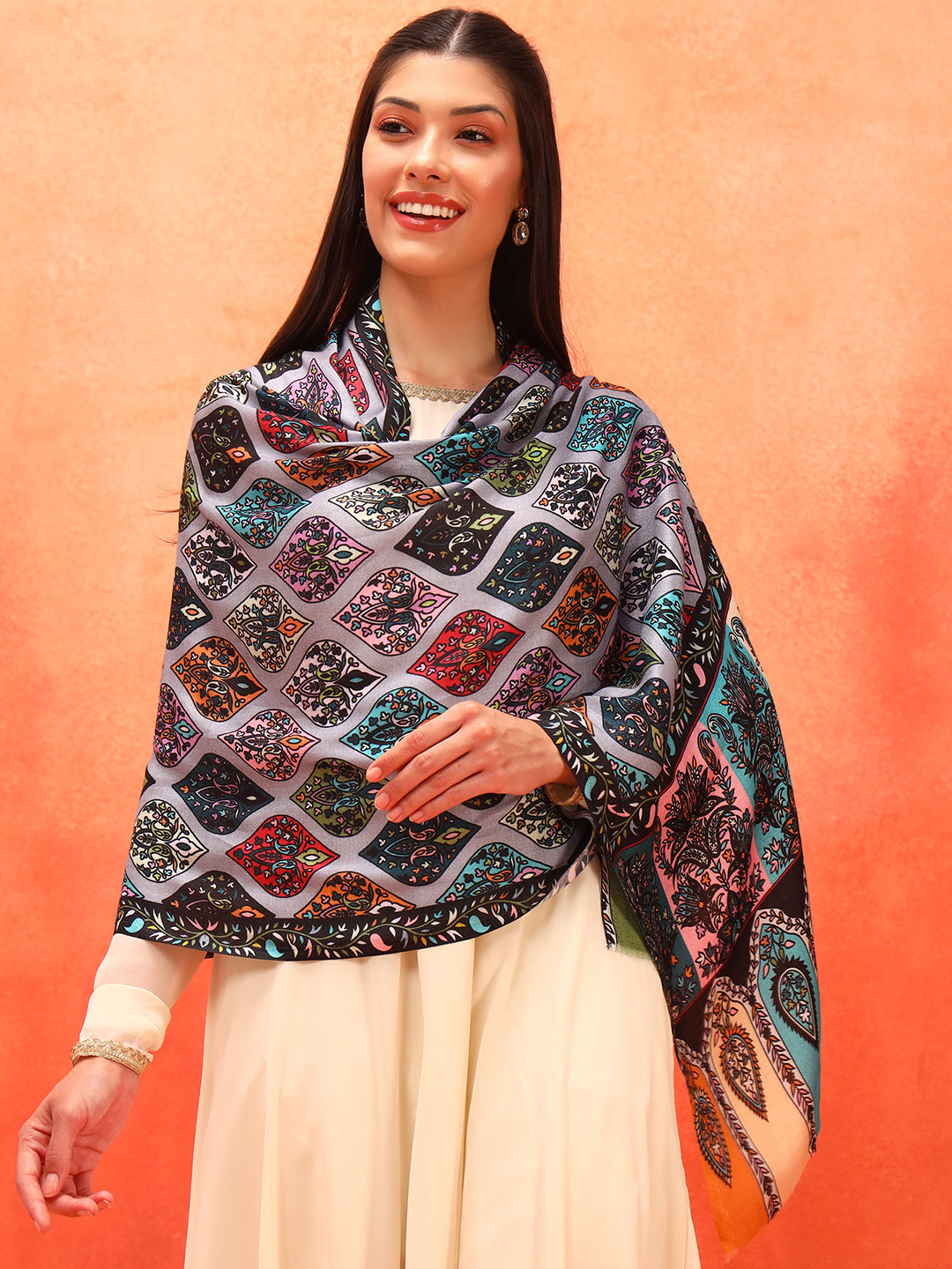 Pashmoda Women Floral Sonata Fine Soft Bamboo Fibre Stole (Size: 71x203 CM)