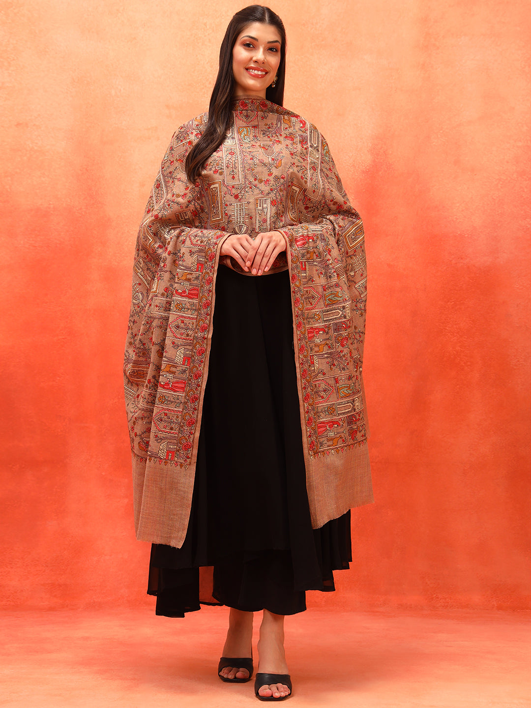 Pashmoda Women Arwina 100% Pure Wool Sozni Hand Embroidered Shawl (Size: 101x203 CM)