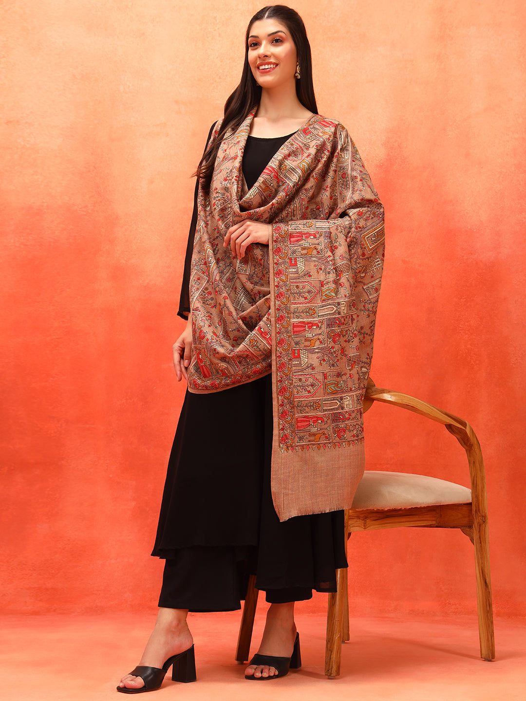 Pashmoda Women Arwina 100% Pure Wool Sozni Hand Embroidered Shawl (Size: 101x203 CM)