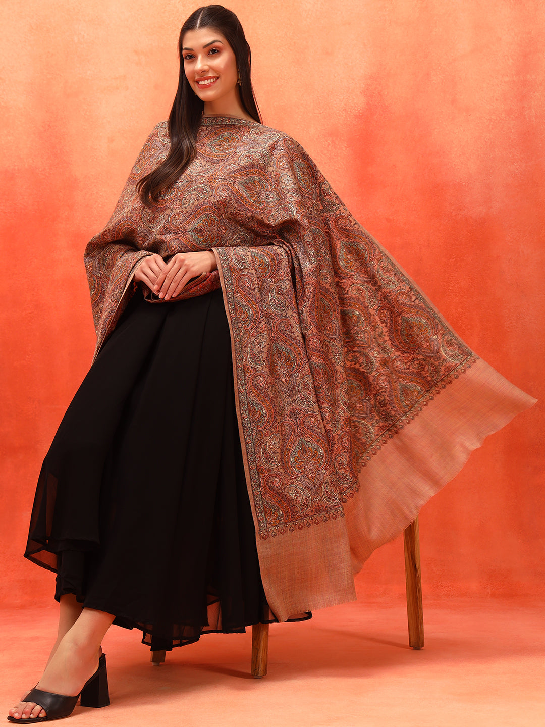 Pashmoda Women Rehnan 100% Pure Wool Sozni Hand Embroidered Shawl (Size: 101x203 Cm)