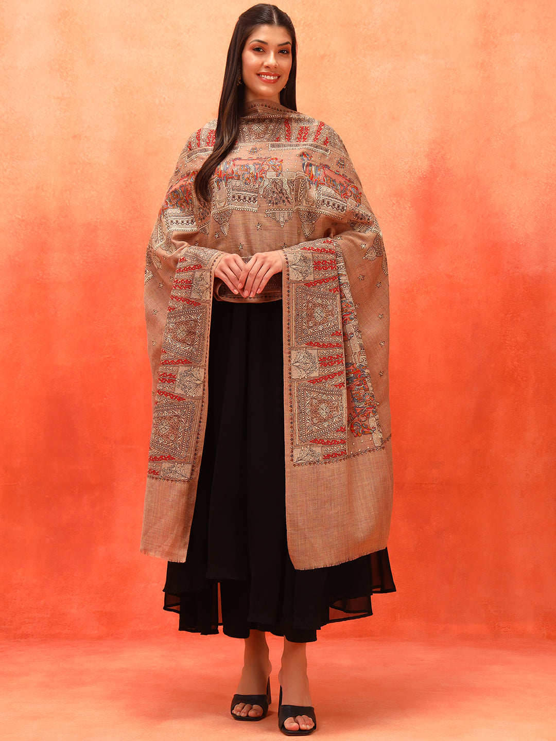 Pashmoda Women Zavian 100% Pure Wool Sozni Hand Embroidered Shawl (Size: 101x203 Cm)