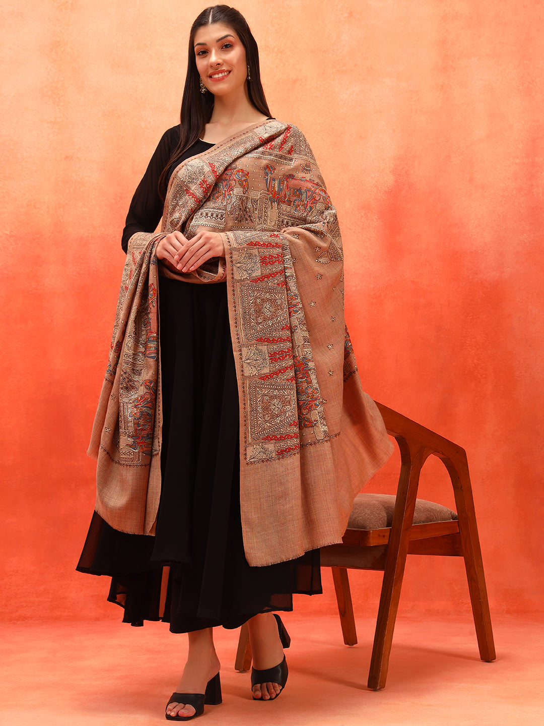 Pashmoda Women Zavian 100% Pure Wool Sozni Hand Embroidered Shawl (Size: 101x203 Cm)