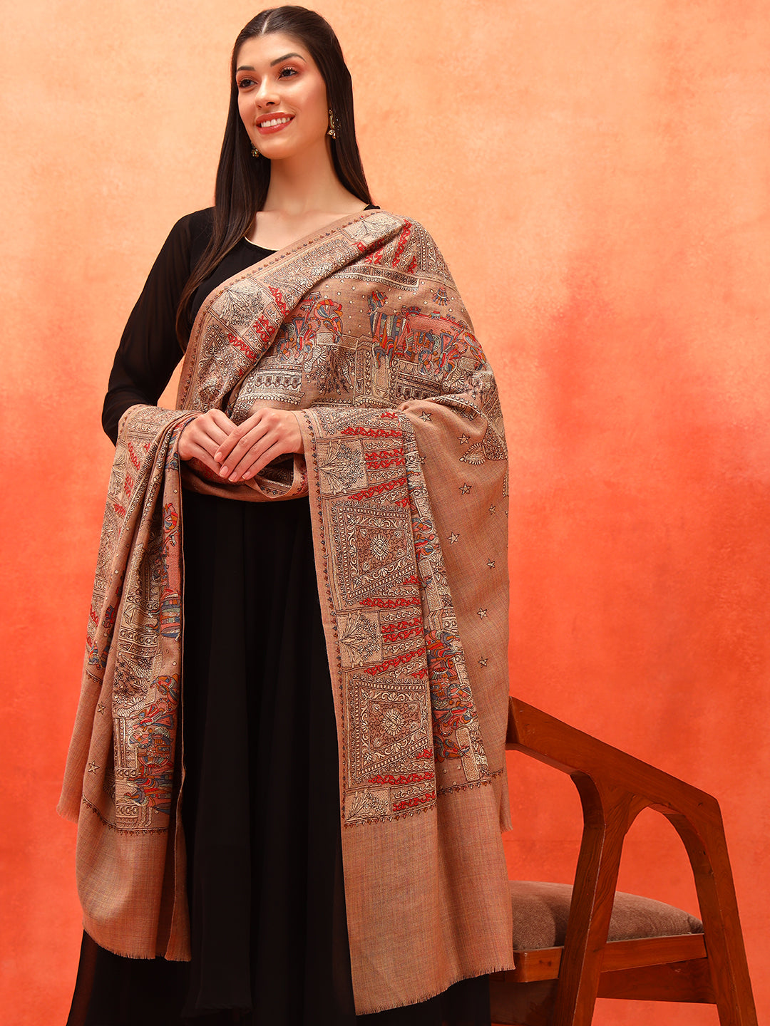 Pashmoda Women Zavian 100% Pure Wool Sozni Hand Embroidered Shawl (Size: 101x203 Cm)