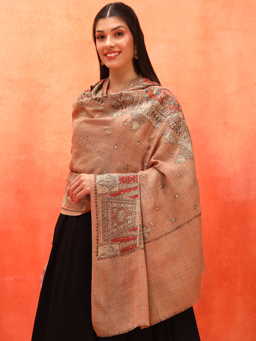 Pashmoda Women Zavian 100% Pure Wool Sozni Hand Embroidered Shawl (Size: 101x203 Cm)