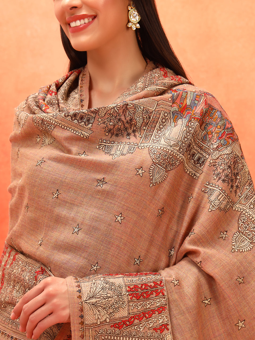 Pashmoda Women Zavian 100% Pure Wool Sozni Hand Embroidered Shawl (Size: 101x203 Cm)