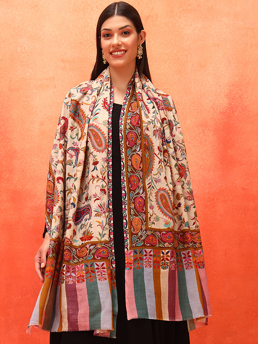 Pashmoda Women Floral Whispers 100% Pure Wool Fabric Kalamkari Embroidered Stole (Size: 71x203 cm)