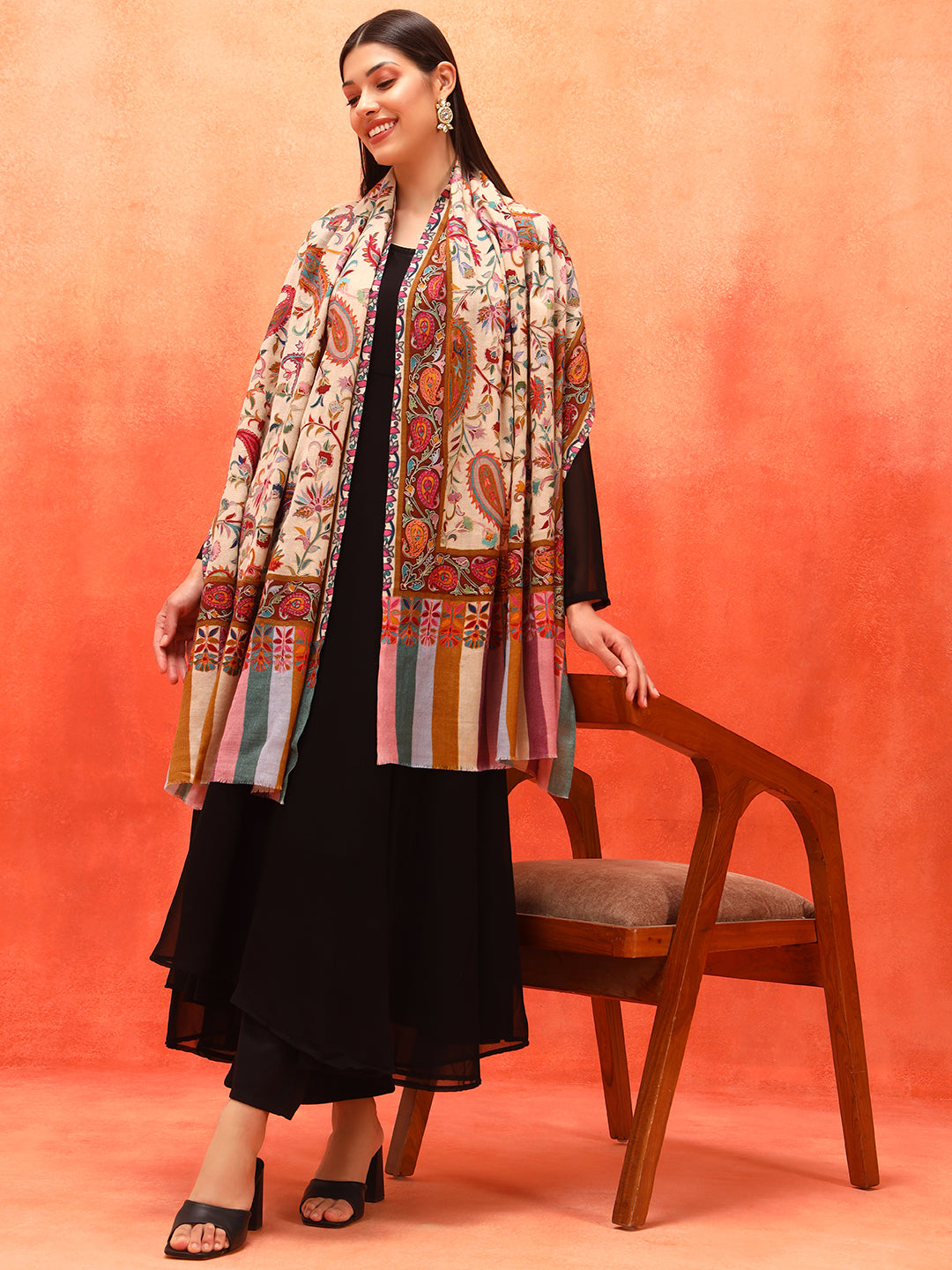 Pashmoda Women Floral Whispers 100% Pure Wool Fabric Kalamkari Embroidered Stole (Size: 71x203 cm)