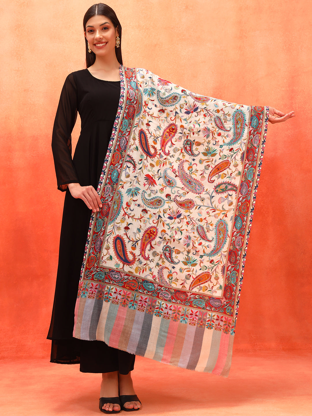 Pashmoda Women Floral Whispers 100% Pure Wool Fabric Kalamkari Embroidered Stole (Size: 71x203 cm)