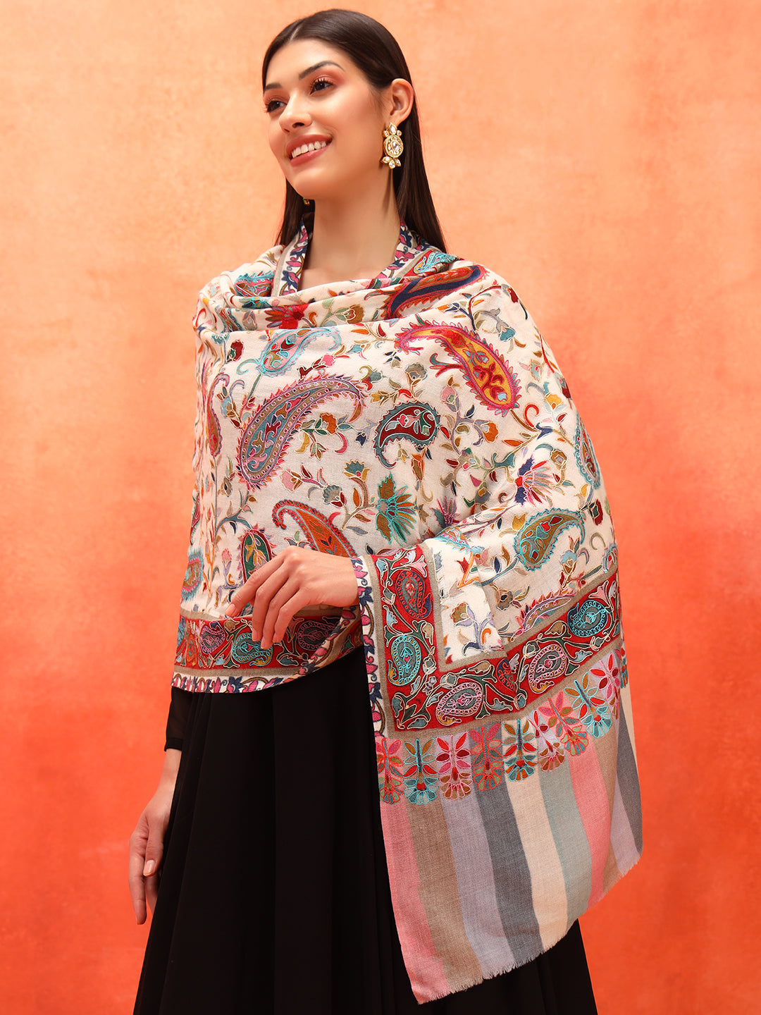 Pashmoda Women Floral Whispers 100% Pure Wool Fabric Kalamkari Embroidered Stole (Size: 71x203 cm)