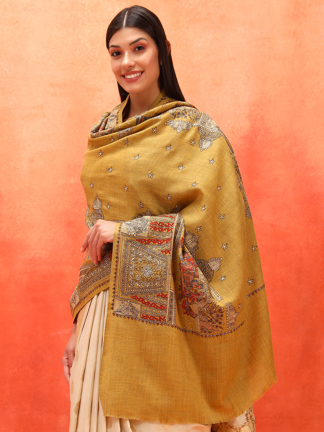 Pashmoda Women Zavian 100% Pure Wool Sozni Hand Embroidered Shawl (Size: 101x203 Cm)