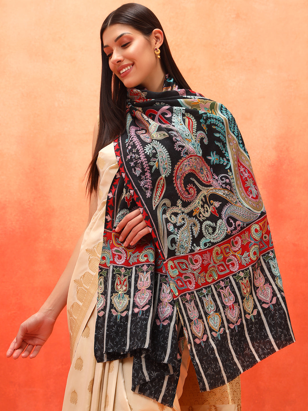 Pashmoda Women Saahtaar 100% Pure Wool Fabric Kalamkari Embroidered Stole (Size: 71x203 cm)