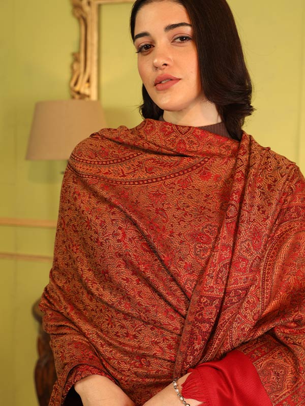 Wool Kashmiri Design Jamawar Shawl (Size: 101X203 CM)