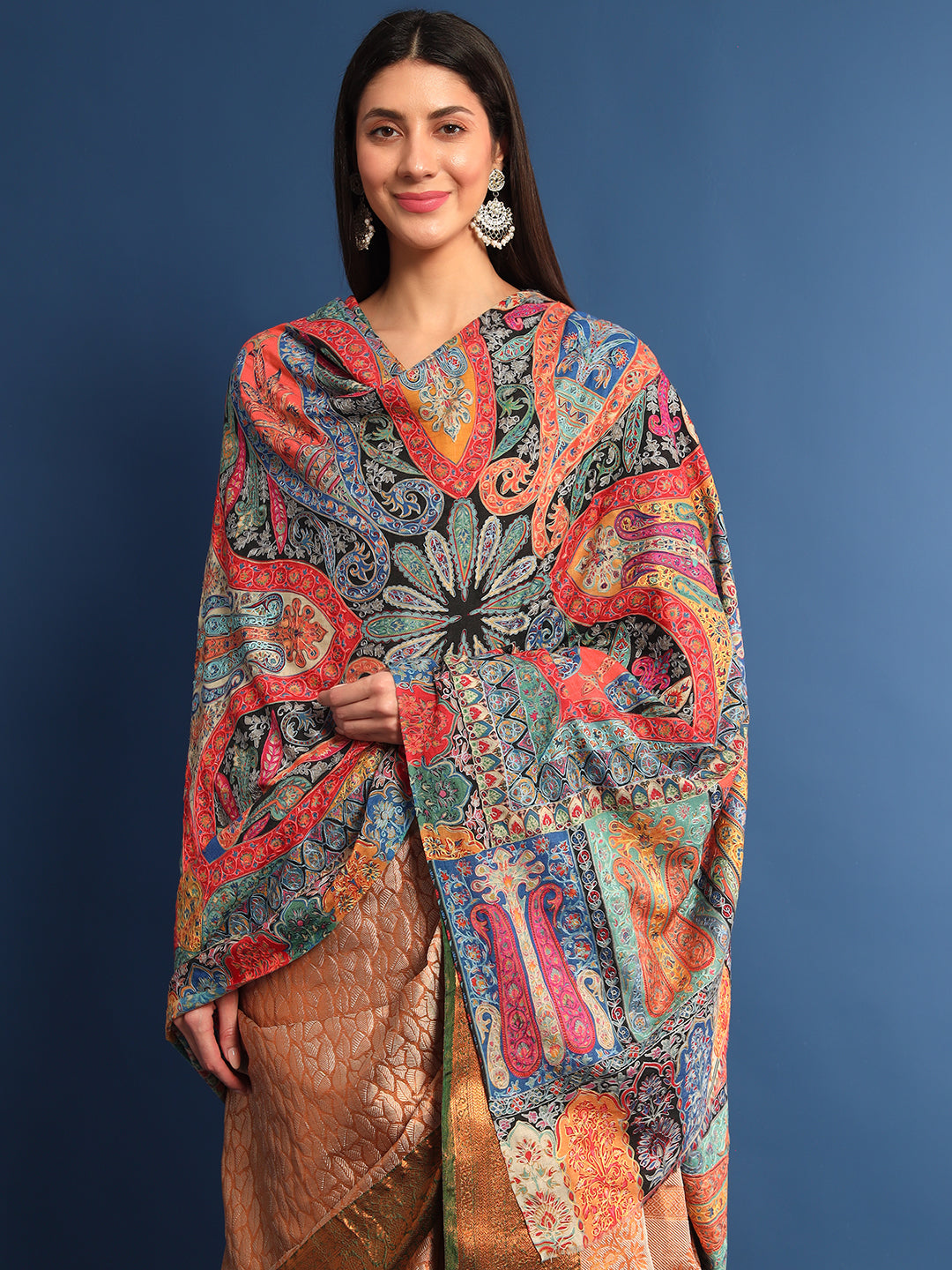 Women Gulsher Fine Wool Fabric Pashmina Kalamkari Embroidered Shawl (Size: 115x230 CM)