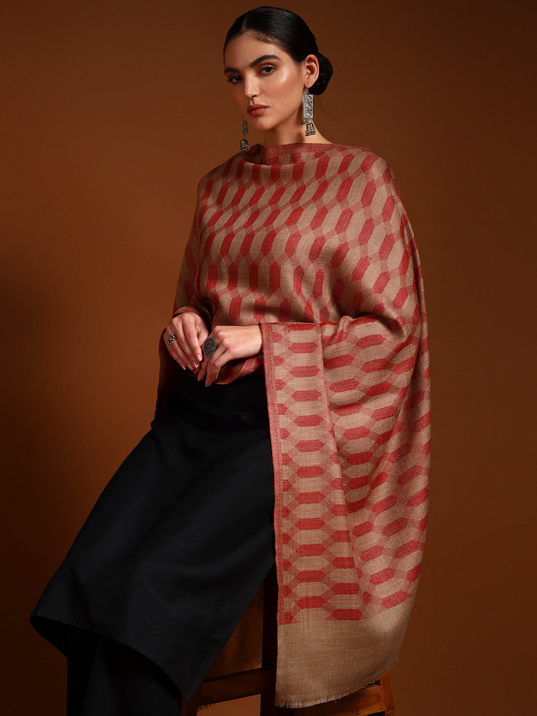 Women 100% Pure Wool Checkered Stole, Sustainable and Natural Fabric (Size 71x203 CM)