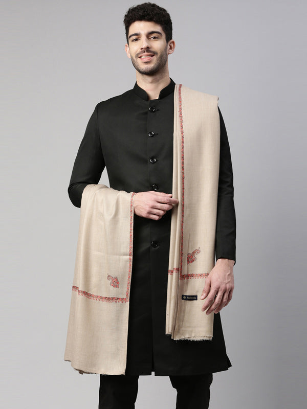 Men Hashiya Embroidered Woollen Shawl (Size 131X268 cms, Beige Color)